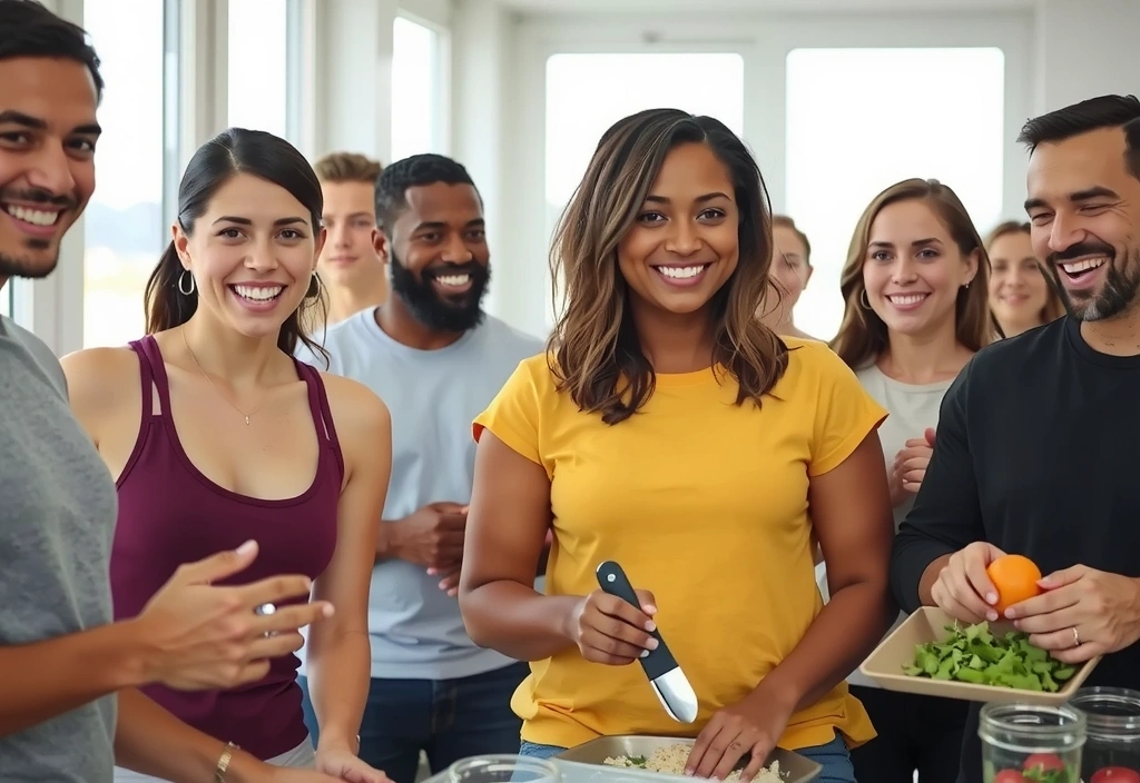 A diverse group of people smiling and interacting in a healthy, vibrant setting