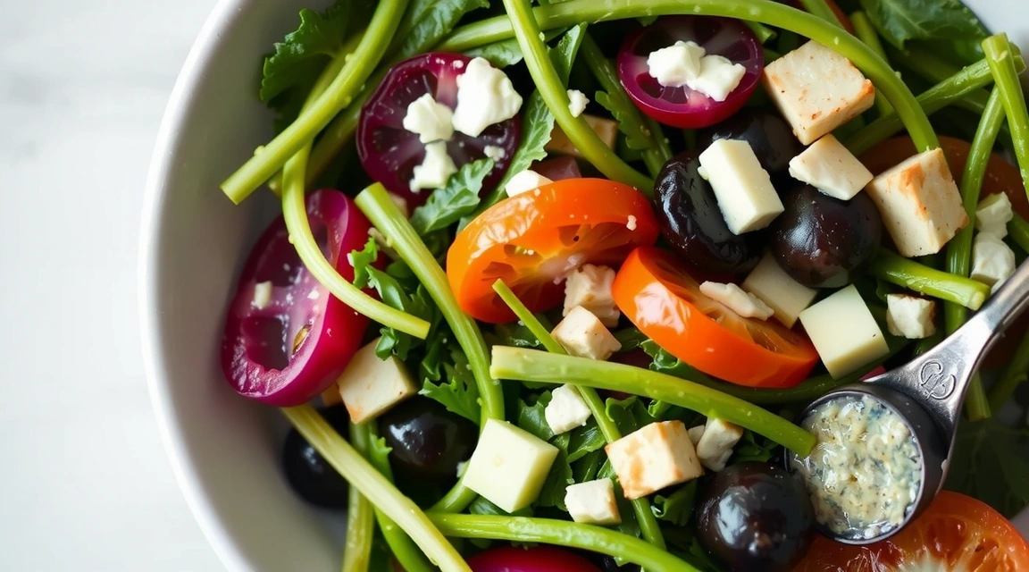 A vibrant bowl of fresh salad with various greens, vegetables, and a light dressing, symbolizing healthy eating and nutrition.