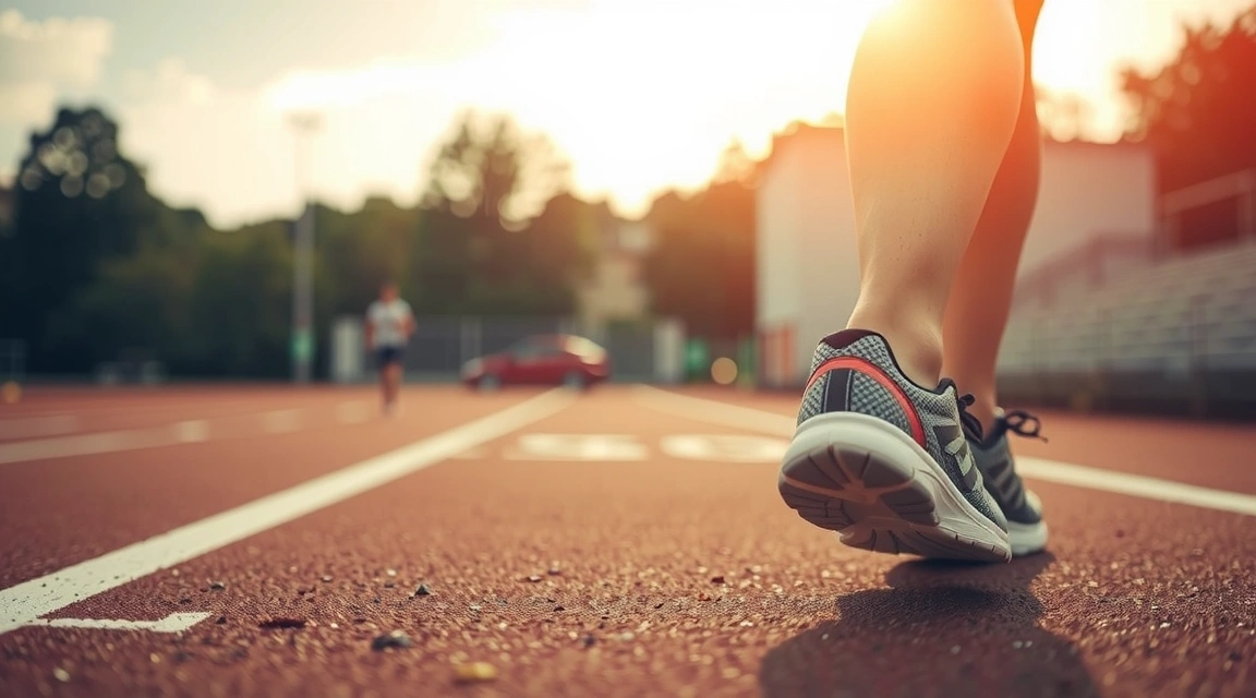A pair of running shoes on a track with a blurred background of a healthy, active person, symbolizing fitness and an active lifestyle.