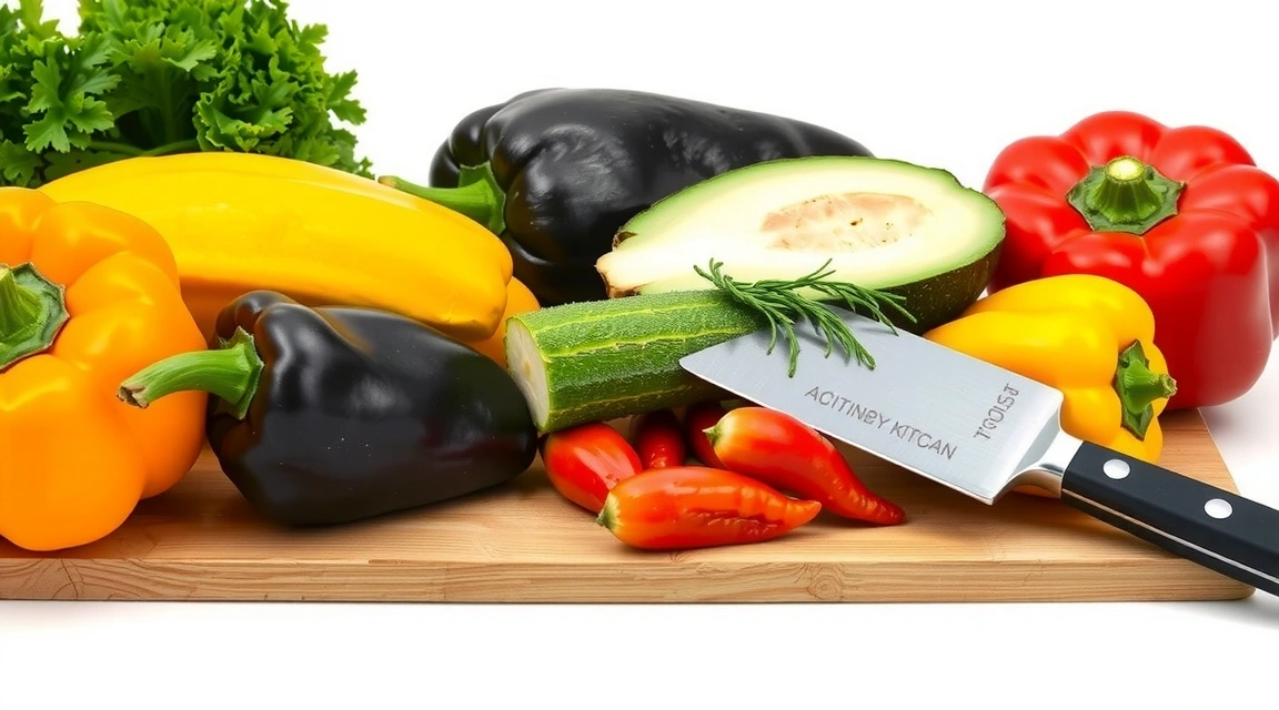 An assortment of colorful, fresh vegetables arranged artistically on a wooden cutting board, with kitchen utensils nearby, suggesting healthy cooking.