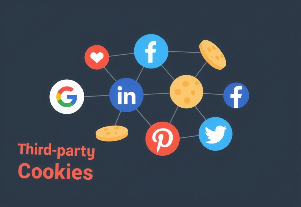 Abstract representation of various third-party cookie icons interconnected, symbolizing data sharing and analytics.