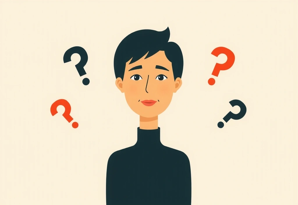 Person thinking with question marks, representing FAQs.