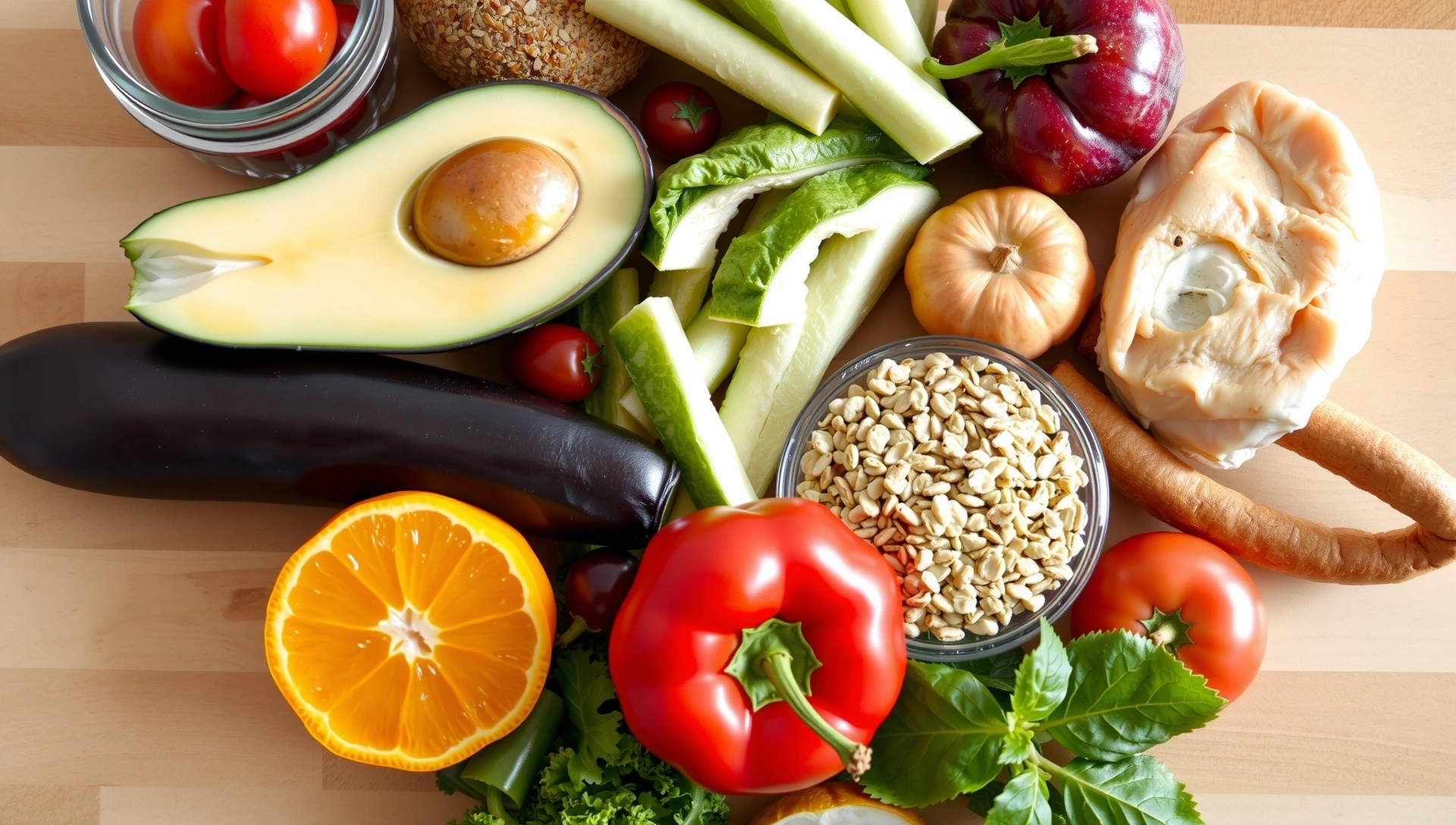 Healthy food arrangement with fresh vegetables, fruits, and grains, symbolizing balanced nutrition.