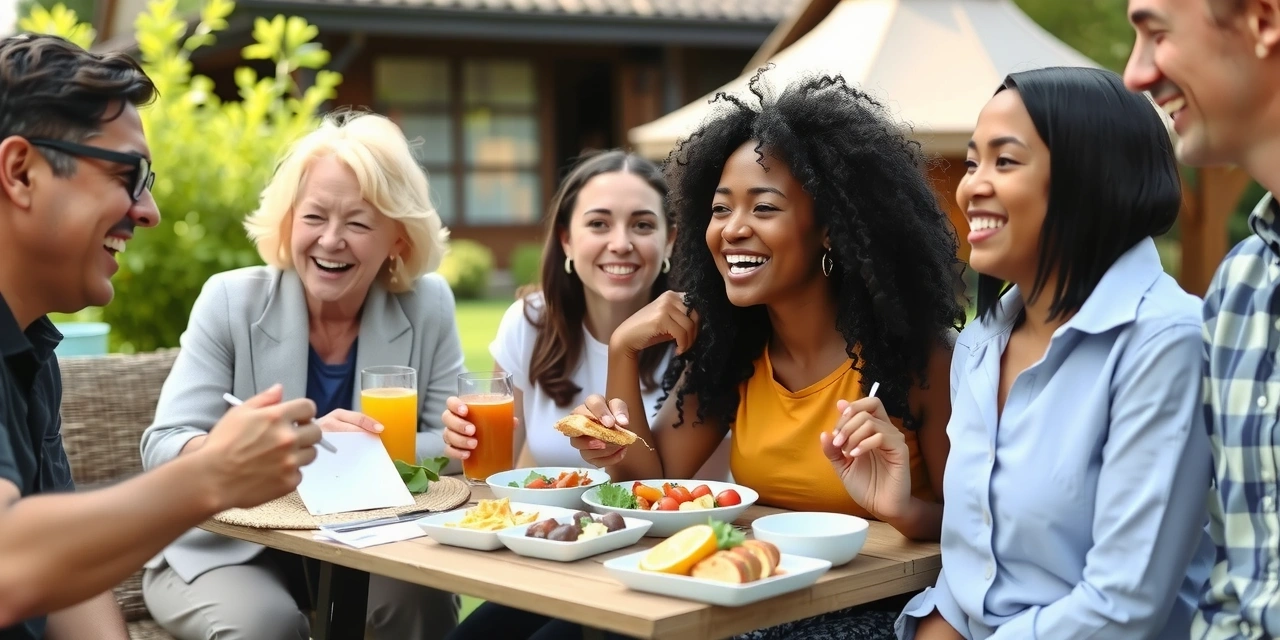 Diverse group of happy people enjoying a healthy meal outdoors